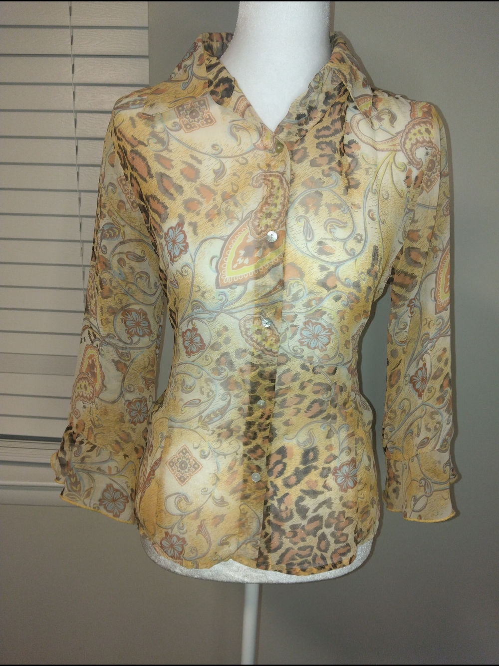 NICOLA Sheer Paisley & Leopard Button-Down Blouse in Yellow and Brown